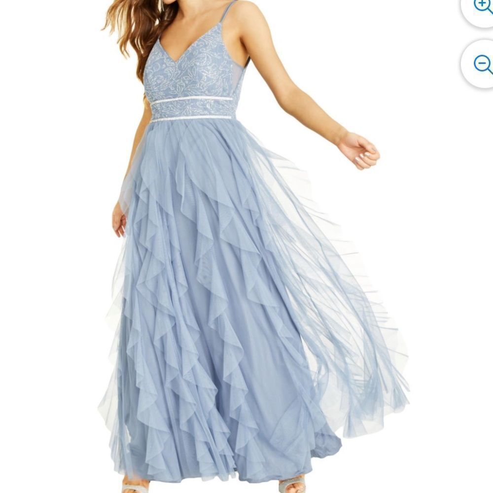 Macy's Pale Blue Ruffled Tulle Evening Gown